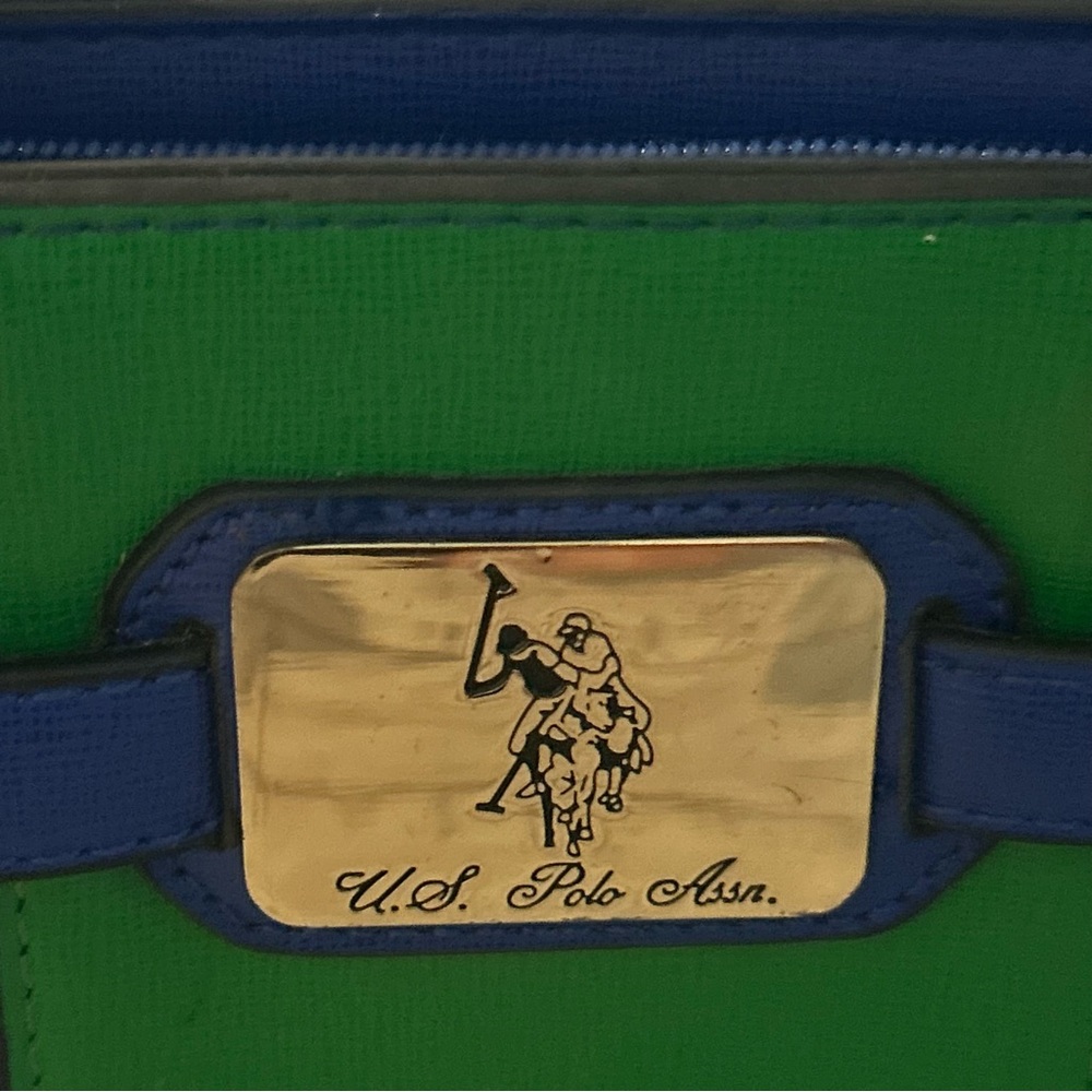 U.S. Polo Assn Satchel Handbag Blue w/Green Stripe Brown Handles Gold Hardware - Picture 11 of 14